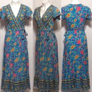 Floral Print Wrap Maxi Dress V-Neck Tie Waist Short Sleeve Small Boho Chic